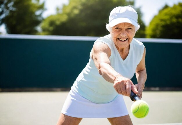 una mujer mayor está jugando al tenis HD 8K papel tapiz Imagen fotográfica de stock