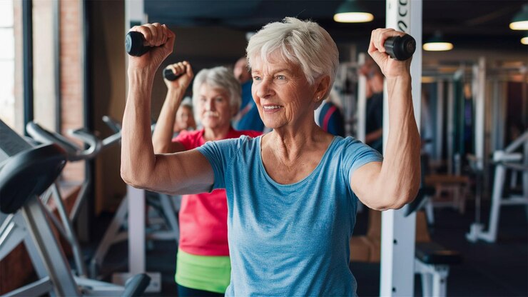 una mujer mayor está levantando pesas con sus brazos en un gimnasio