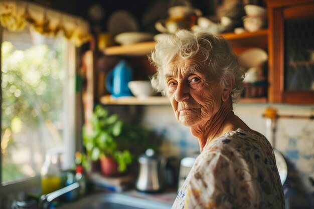 Una mujer mayor está de pie junto a una ventana en una cocina mirando hacia afuera y preparando una comida