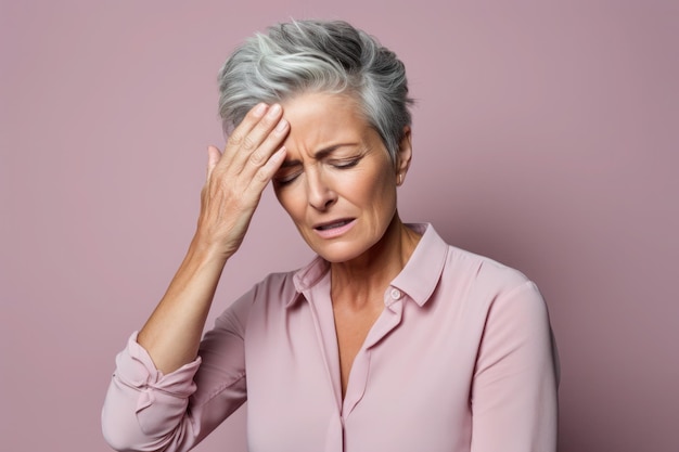 Mujer mayor estresada que sufre de dolor de cabeza y depresión
