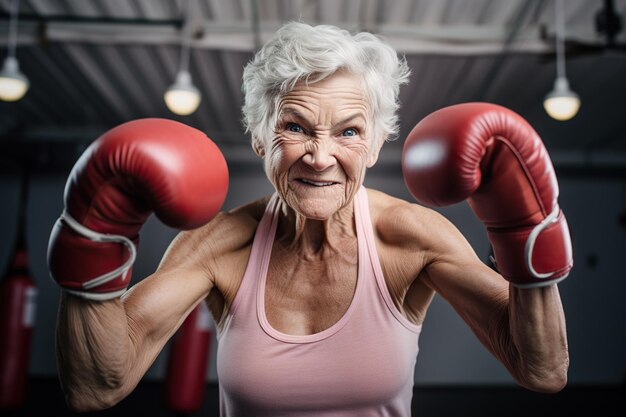 Mujer mayor exhibiendo fuerza y resistencia como boxeadora