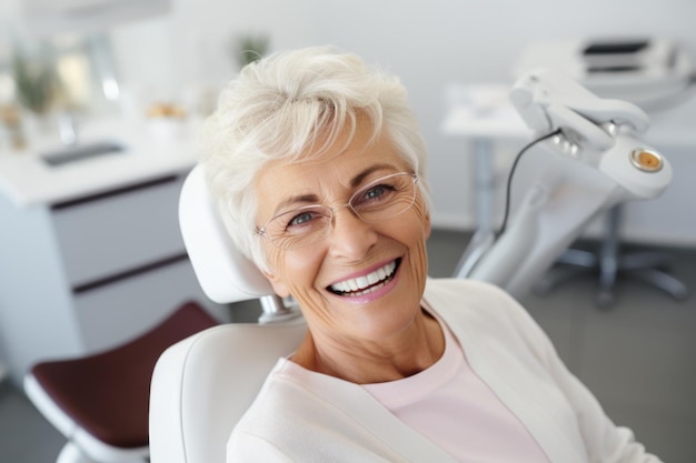 mujer mayor expresión feliz y sorprendida en una clínica dentista