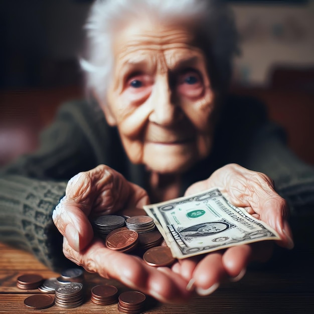 Foto una mujer mayor extiende monedas a una mujer mayor.