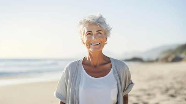 Mujer mayor feliz con cabello gris de pie en la playa