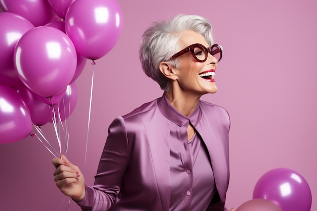 mujer mayor feliz con cabello gris en ropa elegante y gafas