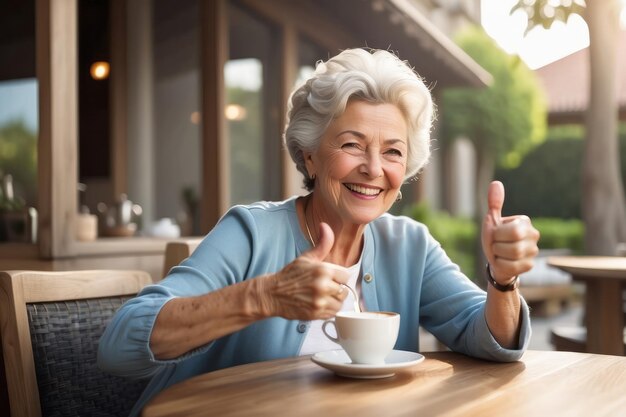 Mujer mayor feliz disfrutando de café y conversación en la mesa con los pulgares hacia arriba