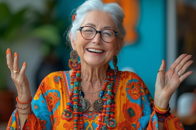 Foto mujer mayor feliz y juguetona con ropa de colores en el interior