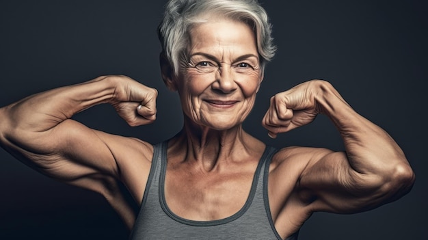 Foto una mujer mayor en forma y orgullosa alardea de sus bíceps.