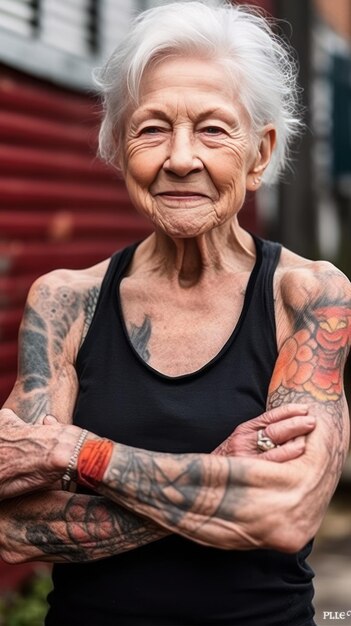 Una mujer mayor en forma y orgullosa alardea de sus bíceps.