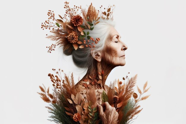 mujer mayor formada de flores secas y ramas con hojas ai generativas