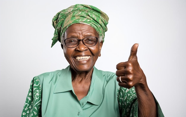 Una mujer mayor con gafas y una camisa verde y blanca dando un pulgar hacia arriba.