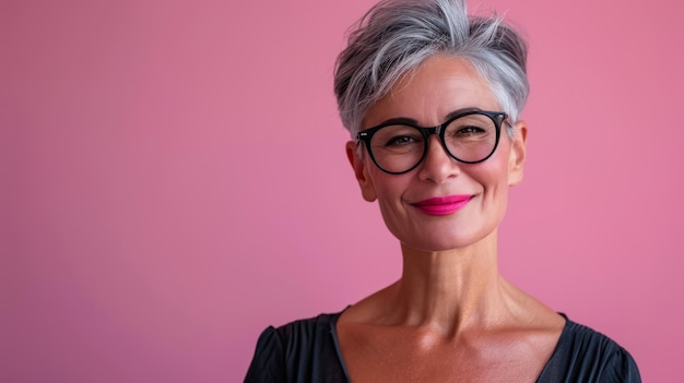 Una mujer mayor con gafas y labios rosados.