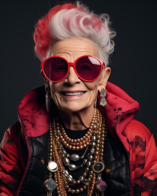 Mujer mayor con gafas de sol rojas y chaqueta