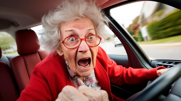 Una mujer mayor gritando a través de un coche.