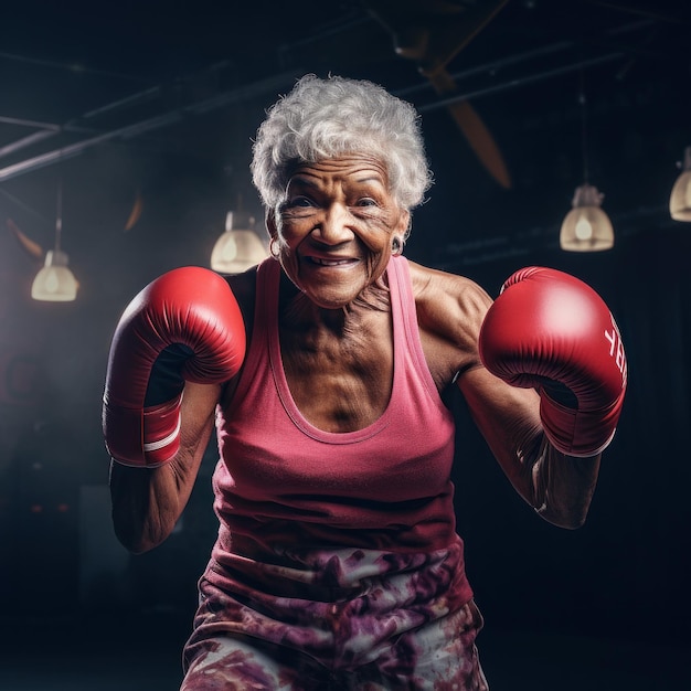 mujer mayor con guantes de boxeo