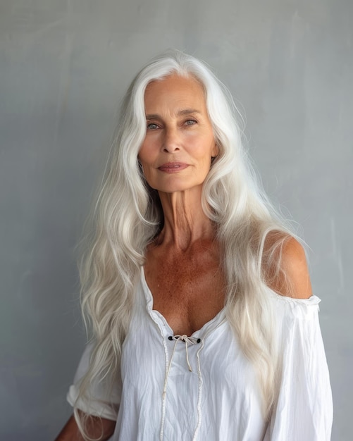 Una mujer mayor con largo cabello blanco posando para la cámara.