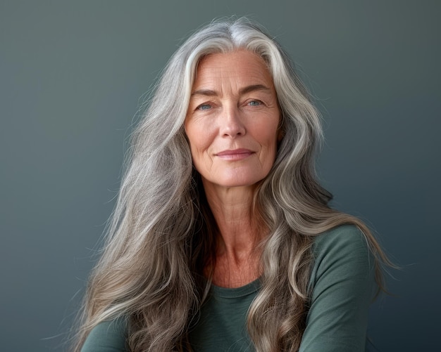 Una mujer mayor con largo cabello gris posando para la cámara.