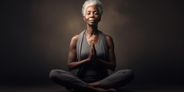 Una mujer mayor, madura y amigable, elegante, meditando y haciendo yoga con un comportamiento tranquilo y sereno.