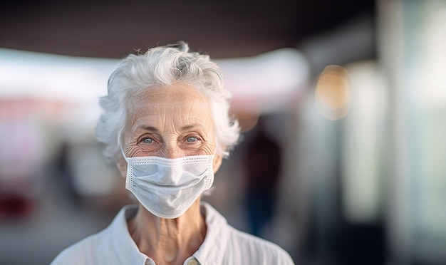 Mujer mayor madura con una máscara facial en un fondo borroso Epidemia de gripe y protección contra el virus