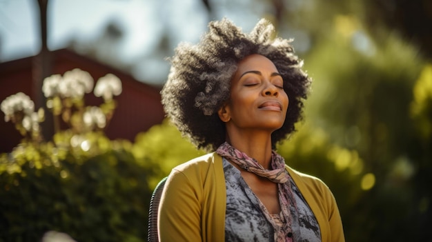 Mujer mayor madura practica meditación guiada para problemas de salud mental y paz