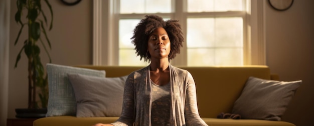 Mujer mayor madura practica meditación guiada para problemas de salud mental y paz