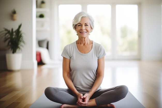 Mujer mayor madura practicando yoga en casa IA generativa