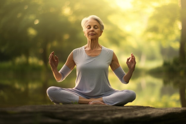 Mujer mayor meditando en posición de loto en el parque al atardecer