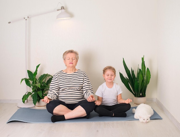 Mujer mayor meditando relajante con nieta y gato Granny y niña en pose de yoga