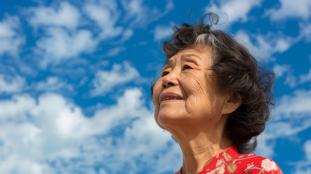 Una mujer mayor mirando hacia el cielo