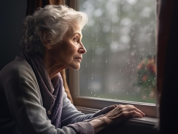 Mujer mayor mirando triste y sola por la ventana en un día de lluvia