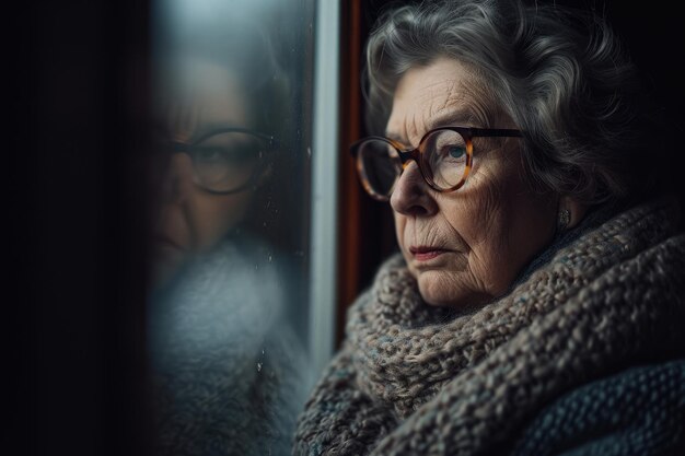 Mujer mayor mirando por la ventana con gafas