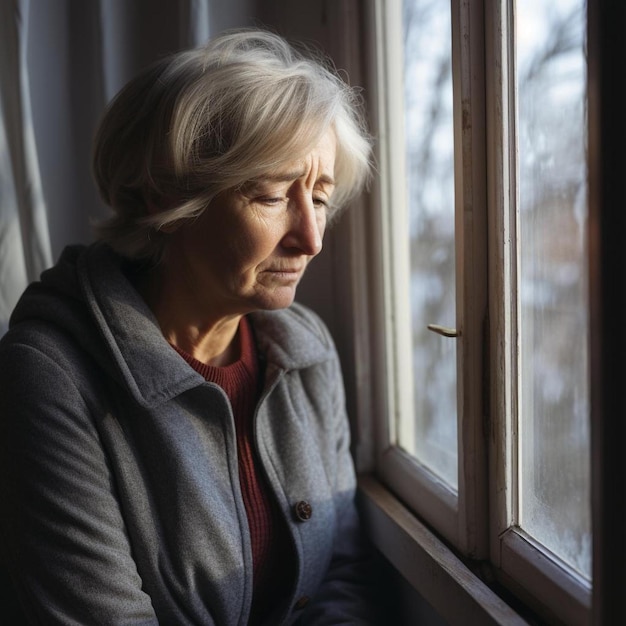 una mujer mayor mirando por una ventana