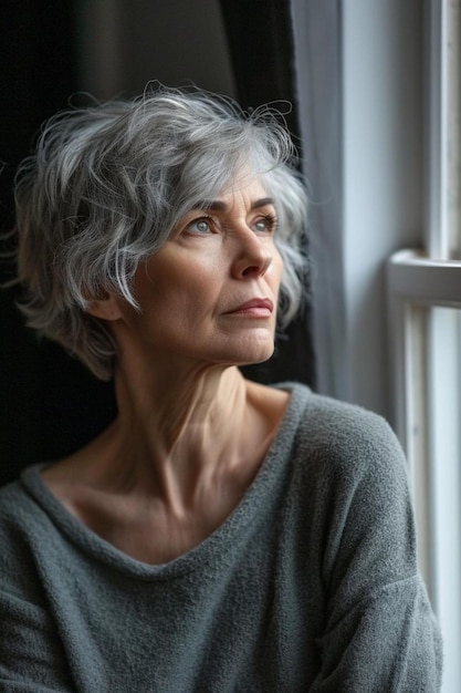 una mujer mayor mirando por una ventana