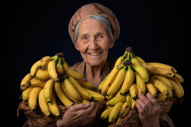 Mujer mayor mostrando plátanos maduros