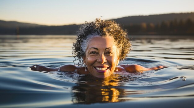 mujer mayor nadando en el lago