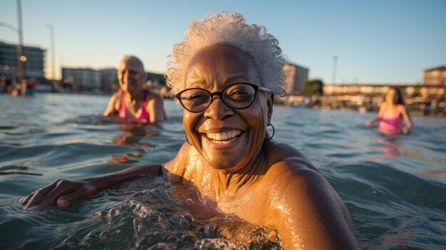 mujer mayor nadando en el lago