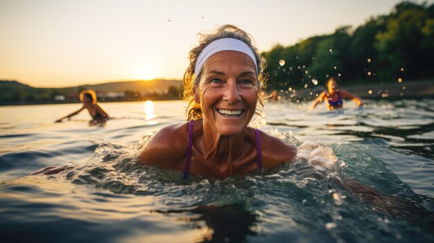 mujer mayor nadando en el lago