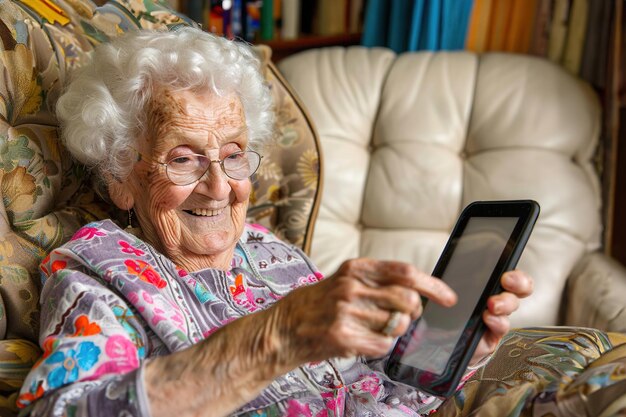 Foto una mujer mayor navegando a través de una biblioteca de libros electrónicos en su tableta de lectura digital