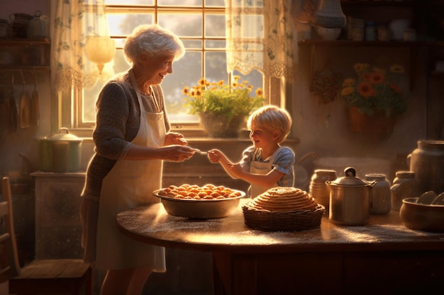 Una mujer mayor y un niño están cocinando en una cocina.