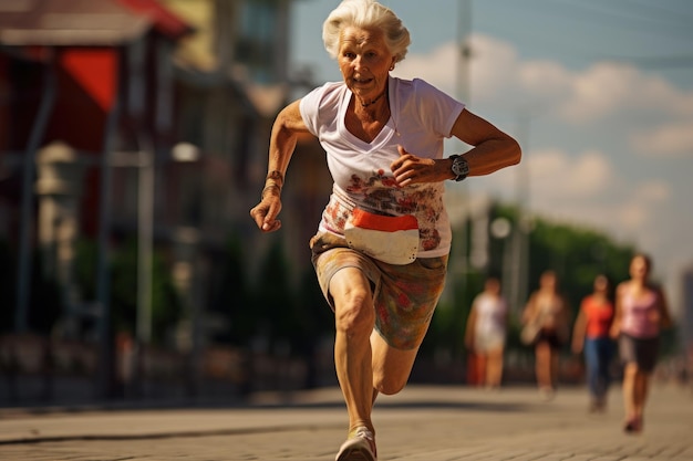 Una mujer mayor en pantalones cortos compite en la carrera