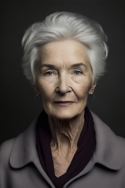 Mujer mayor con pelo blanco corto en tonos apagados AI