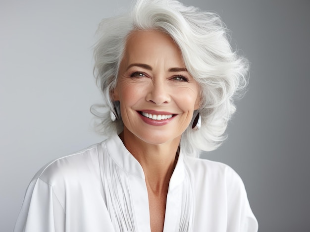 una mujer mayor con el pelo blanco sonriendo