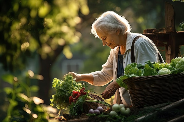 Foto una mujer mayor planta plántulas de verduras en el jardín y cosecha de la tierra en su jardín jardín de verduras ecológico autocultivo de verduras generado por ia