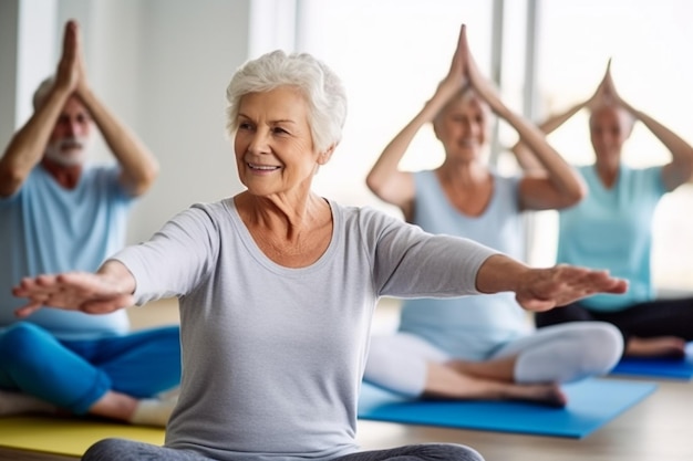 mujer mayor practicando yoga con sus amigos en el fondo