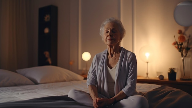 Mujer mayor que usa IA generativa para meditar mientras está acostada en su cama en casa