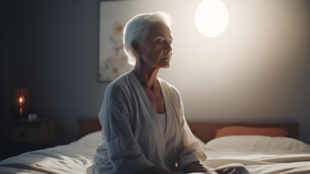 Mujer mayor que usa IA generativa para meditar mientras está acostada en su cama en casa