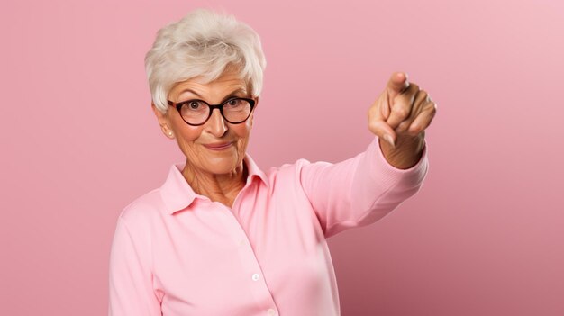 Mujer mayor con ropa informal apuntando con la mano y el dedo hacia un lado mirando la cámara