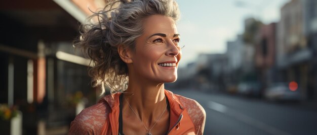 Mujer mayor saliendo a correr, anciano viviendo un estilo de vida saludable para la longevidad en la carretera de la ciudad