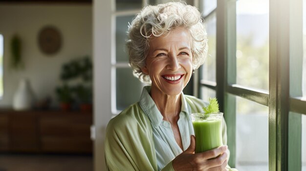 Una mujer mayor sana sonriendo mientras sostiene un poco de jugo verde en casa