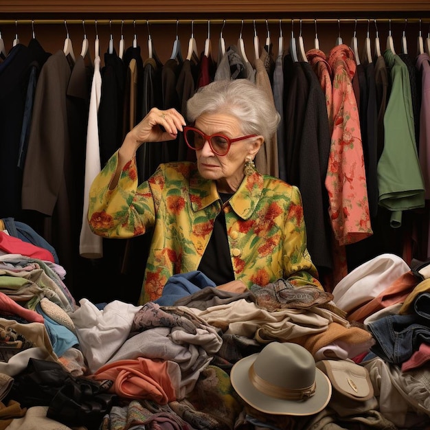 Foto la mujer mayor selecciona la ropa